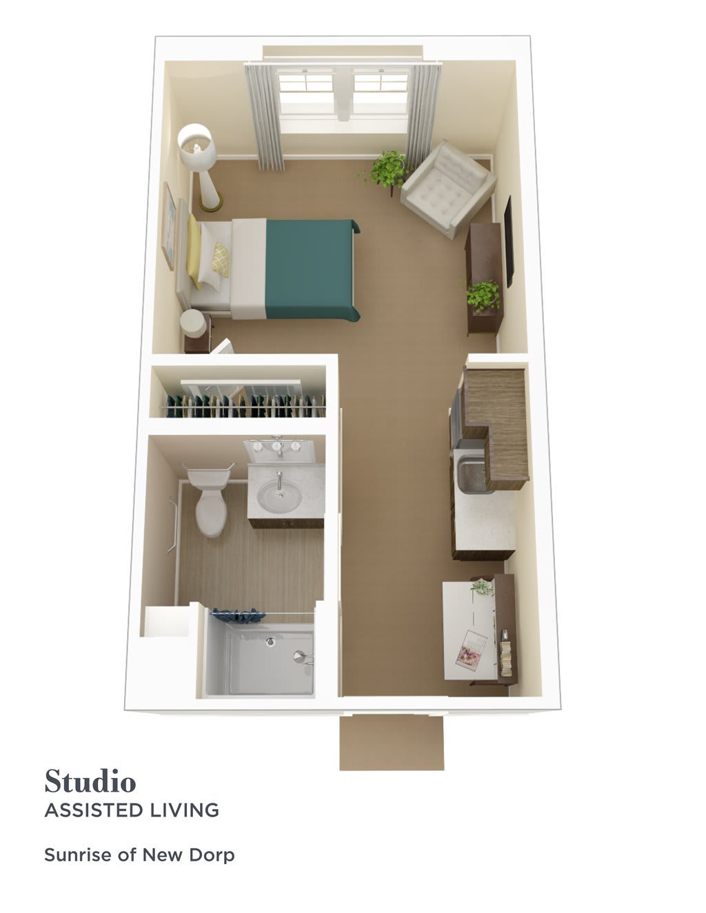 3D floor plan of a studio apartment with a bedroom, kitchen, and bathroom.