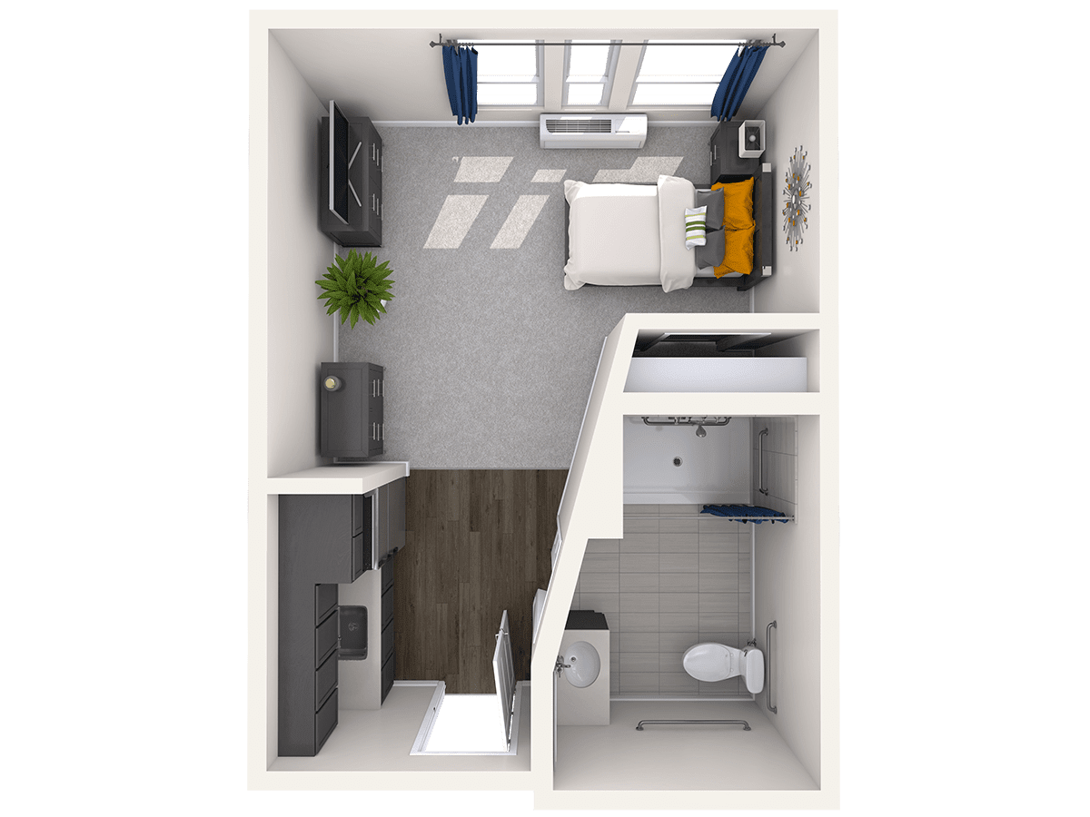 3D floor plan of a minimalist studio apartment with compact layout and essential furnishings.