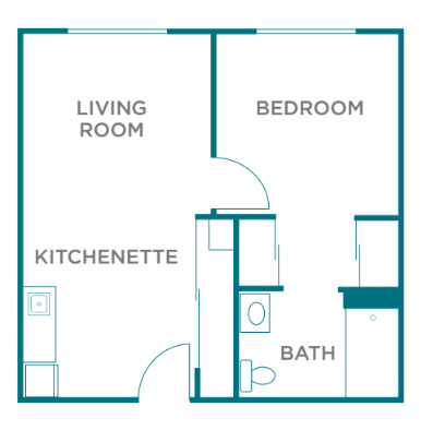 A floor plan of a one-bedroom apartment featuring a living room, kitchenette, and bathroom.