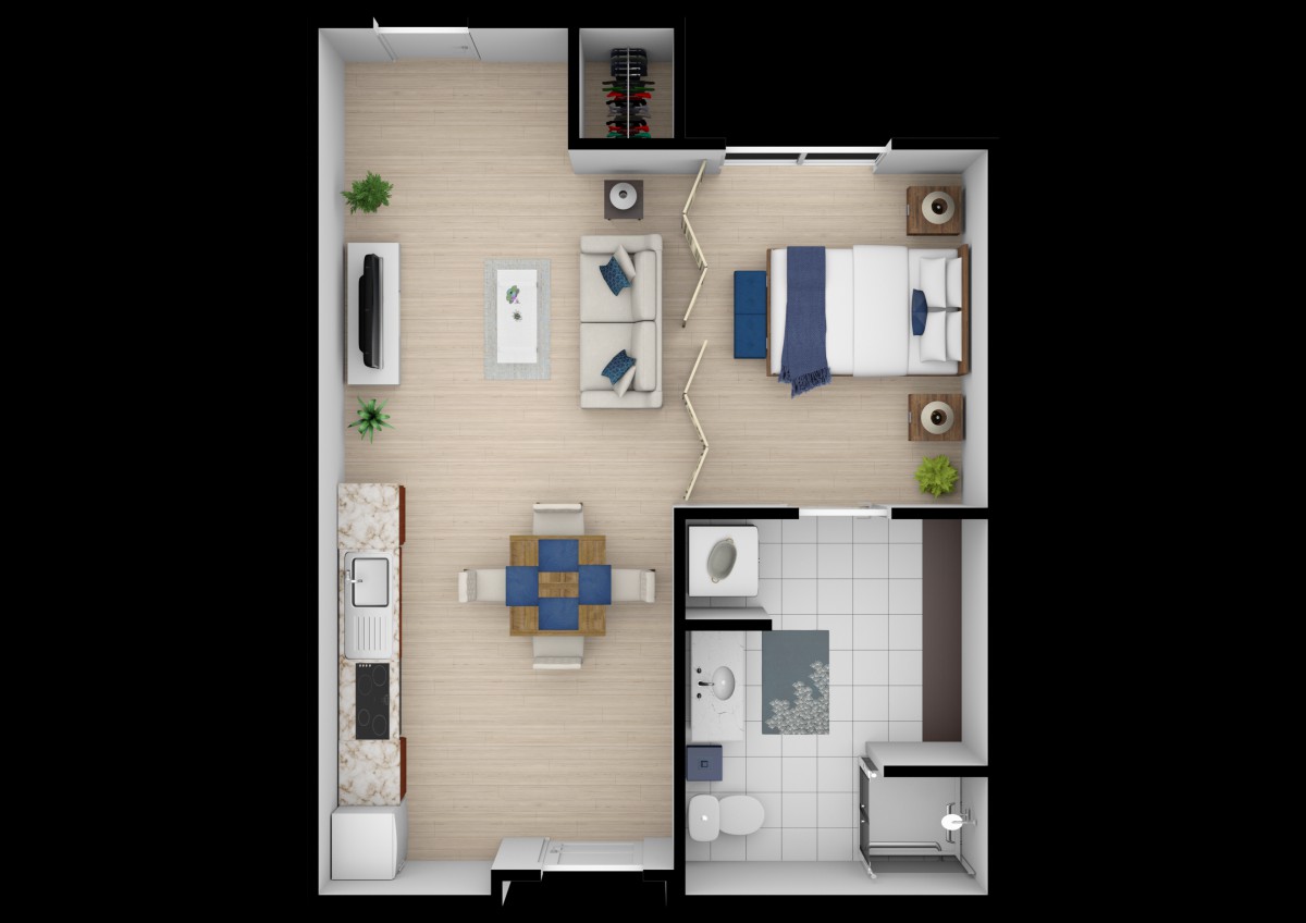 A detailed floor plan of a one-bedroom apartment featuring a living room, kitchen, bedroom, and bathroom.