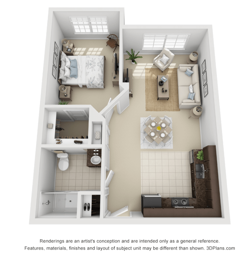 A detailed floor plan of a modern one-bedroom apartment, featuring a living room, kitchen, and bathroom.