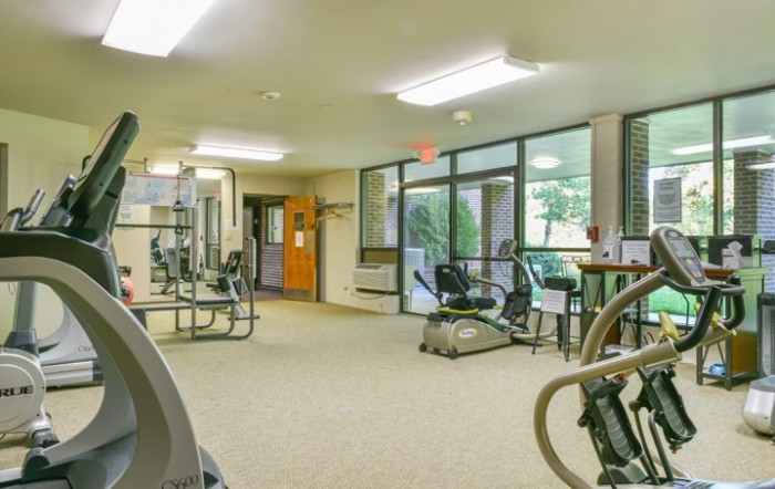 A spacious gym with various exercise equipment and large windows.