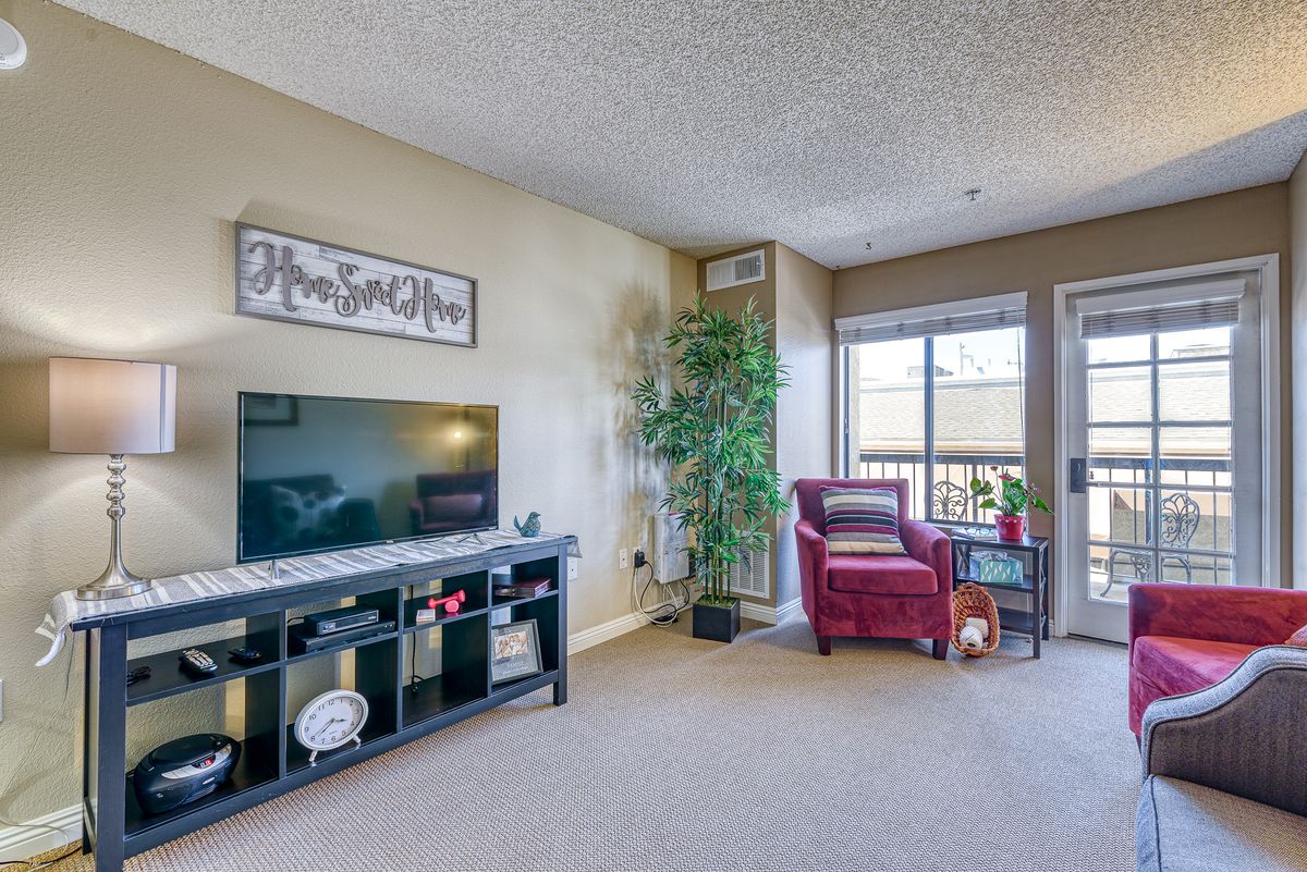 A cozy living room with a television, a plant, and a comfortable chair by the window.