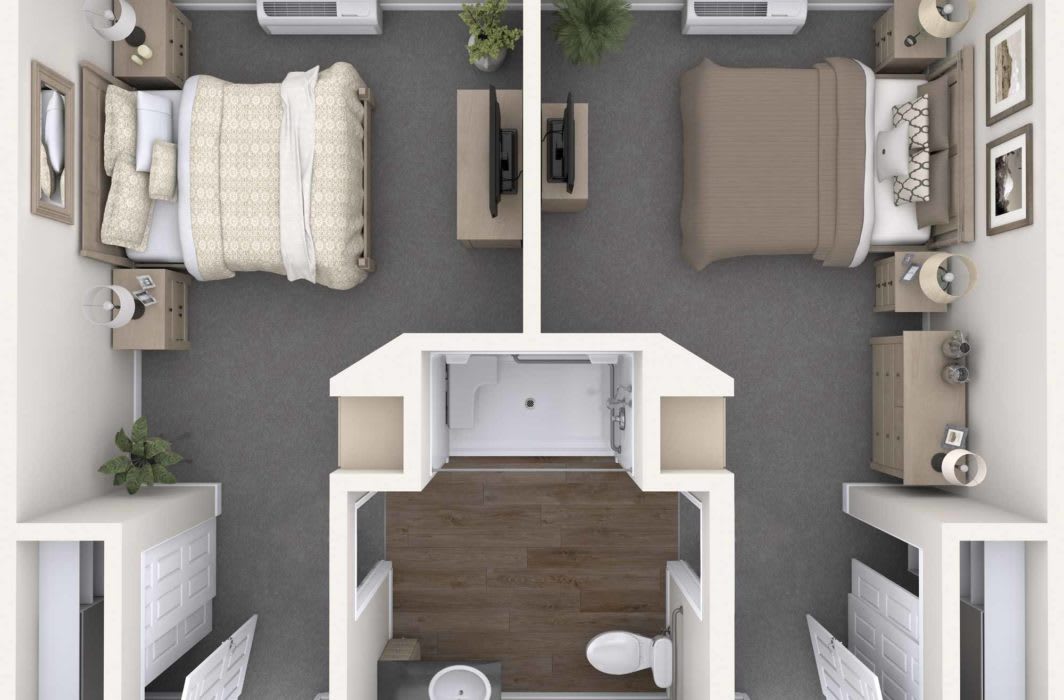 A top-down view of a two-bedroom apartment layout featuring a shared bathroom and living space.