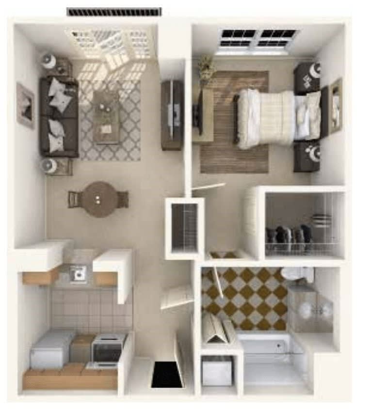 A 3D floor plan of a one-bedroom apartment featuring a living room, kitchen, and bathroom.