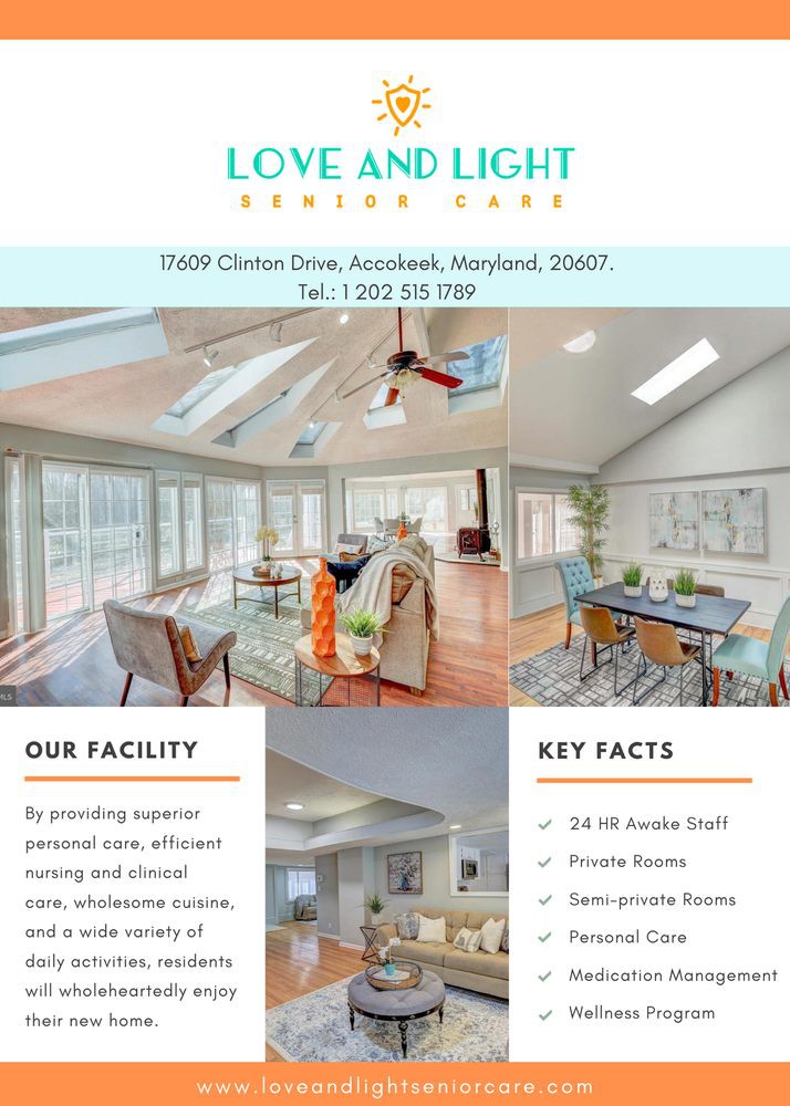 Brochure for Love and Light Senior Care facility in Maryland, highlighting features like 24-hour nursing staff, private rooms, and personalized care.