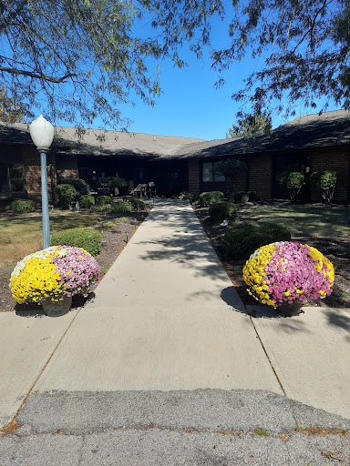 A vibrant pathway adorned with colorful flower arrangements leading up to a building.