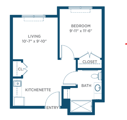 A floor plan of a small apartment with a living room, kitchenette, bedroom, bathroom, and closet.