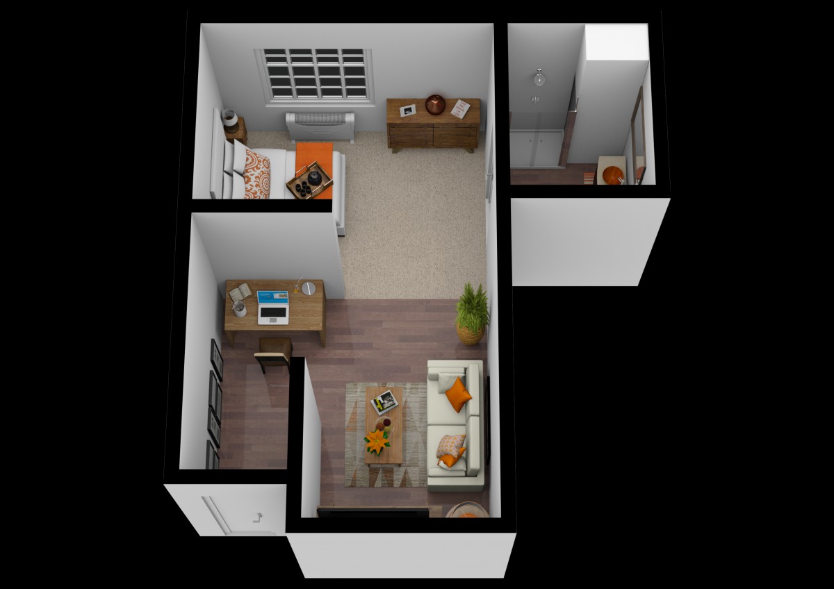 A 3D rendered floor plan of a compact apartment with designated areas for sleeping, working, and living.