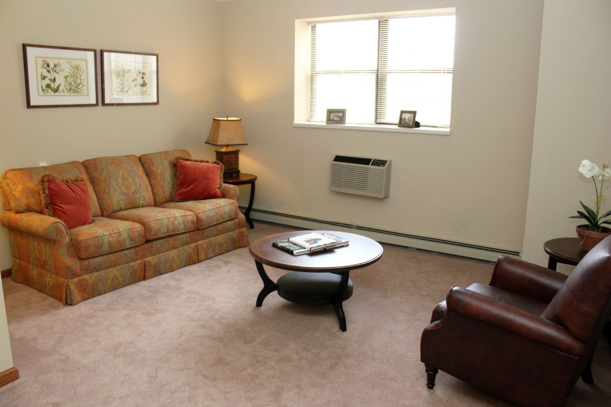 A cozy living room with a sofa, armchair, and coffee table arranged on a carpeted floor.