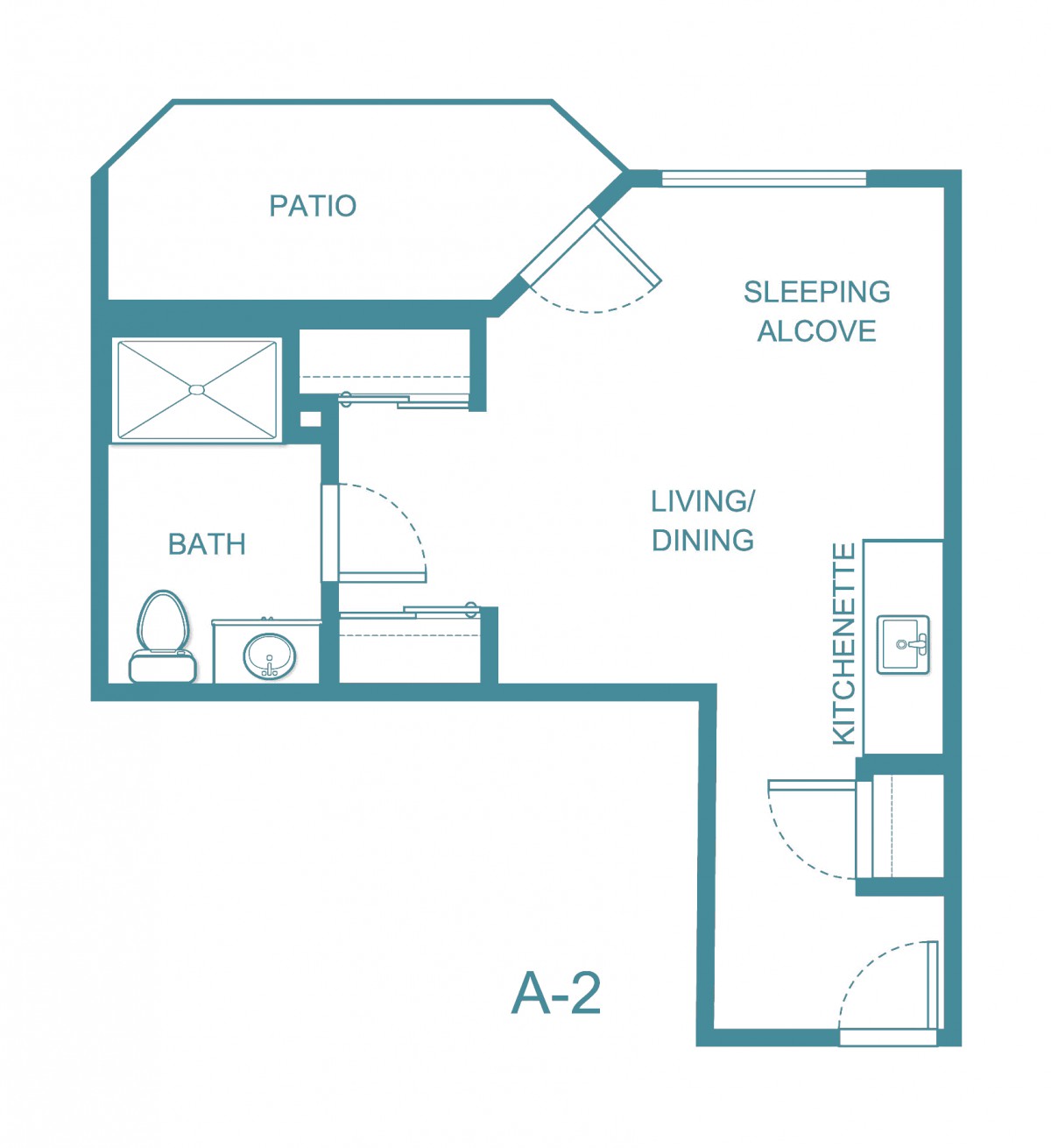 Studio apartment floor plan with a sleeping alcove, living/dining area, bathroom, and kitchen.