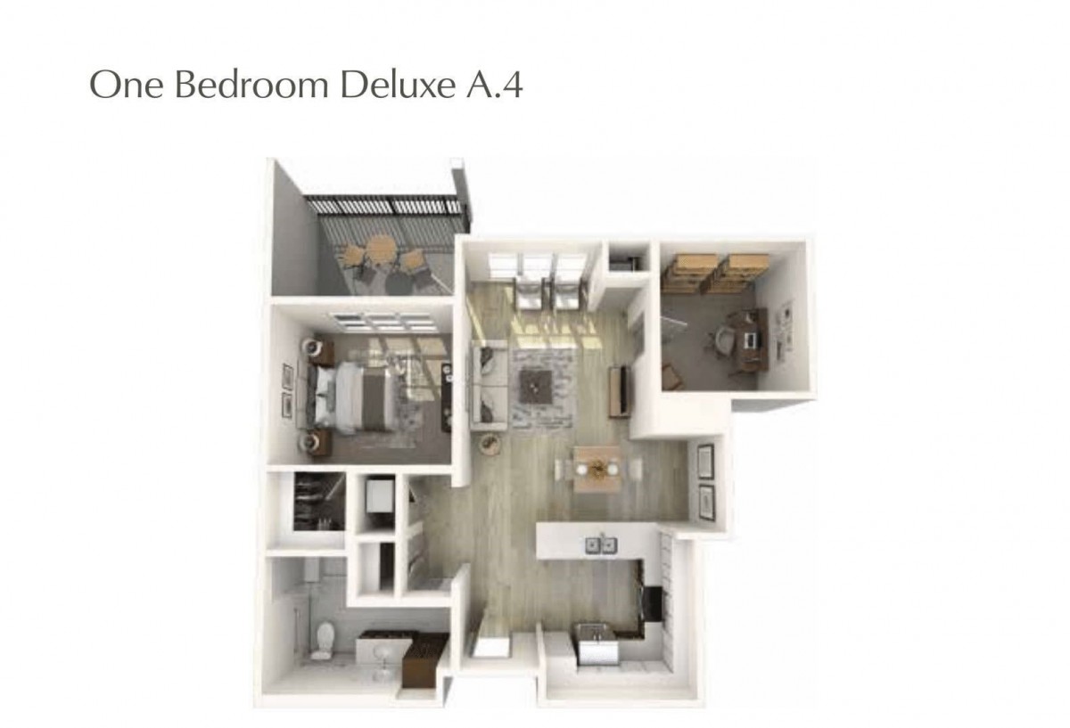 A 3D floor plan of the Bedroom Deluxe A.4 apartment layout.