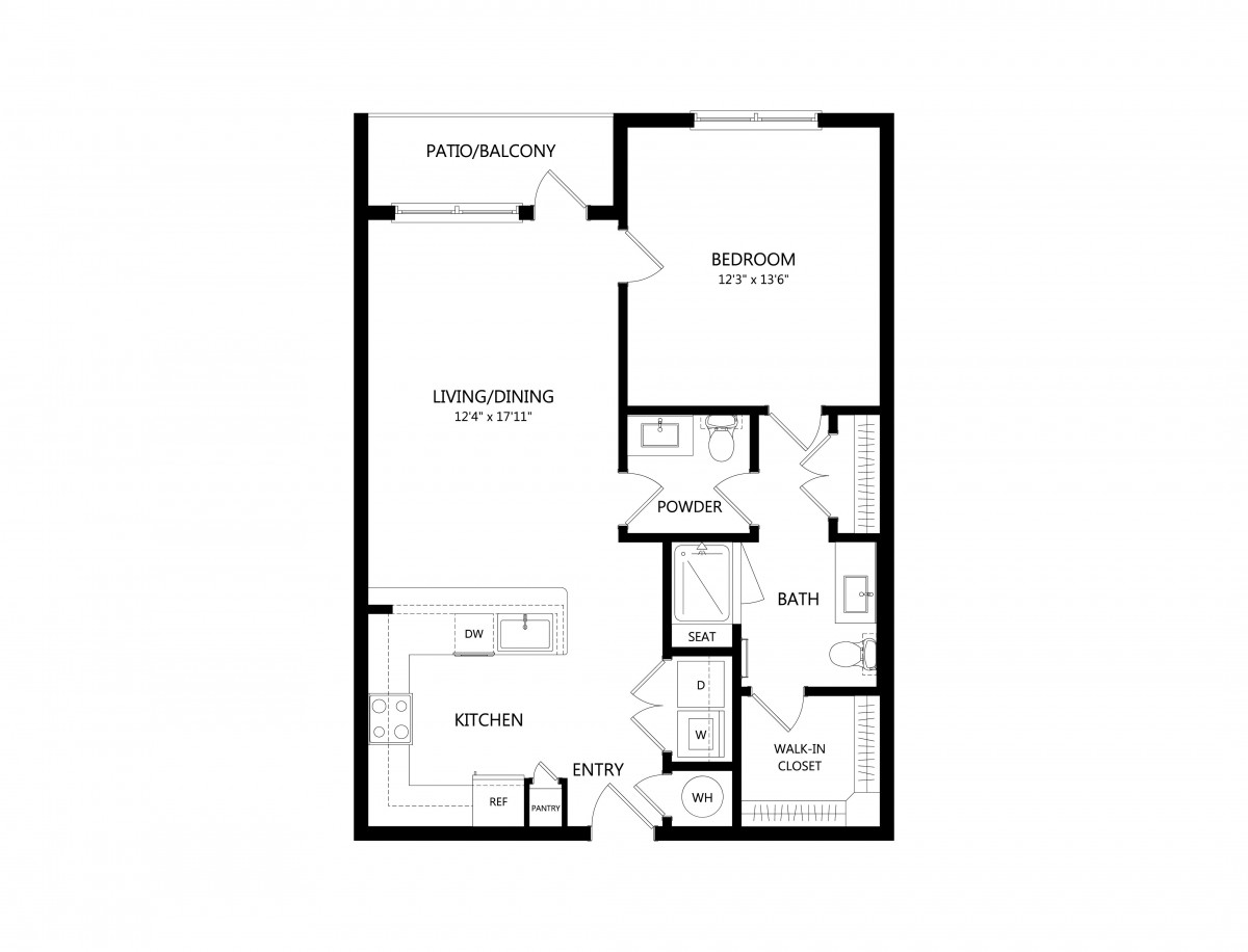 A floor plan of a one-bedroom apartment featuring a living room, kitchen, bathroom, and balcony.