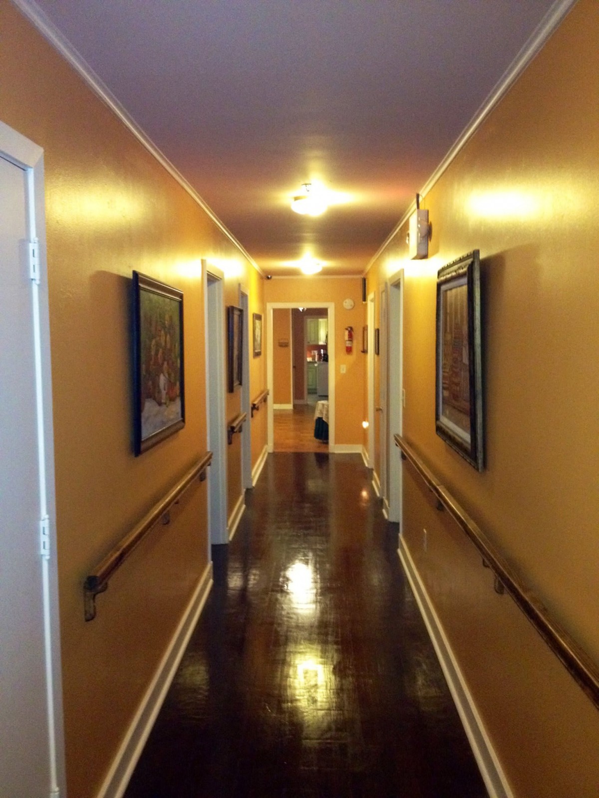 A well-lit hallway with paintings on the walls and a polished wooden floor.