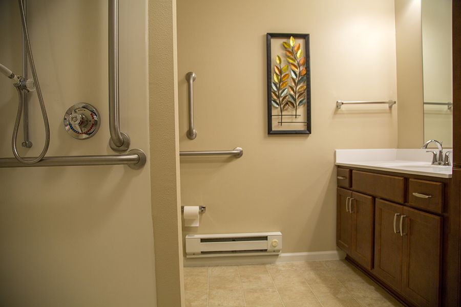 A bathroom equipped with grab bars and safety features, featuring a decorated wall and sink area.