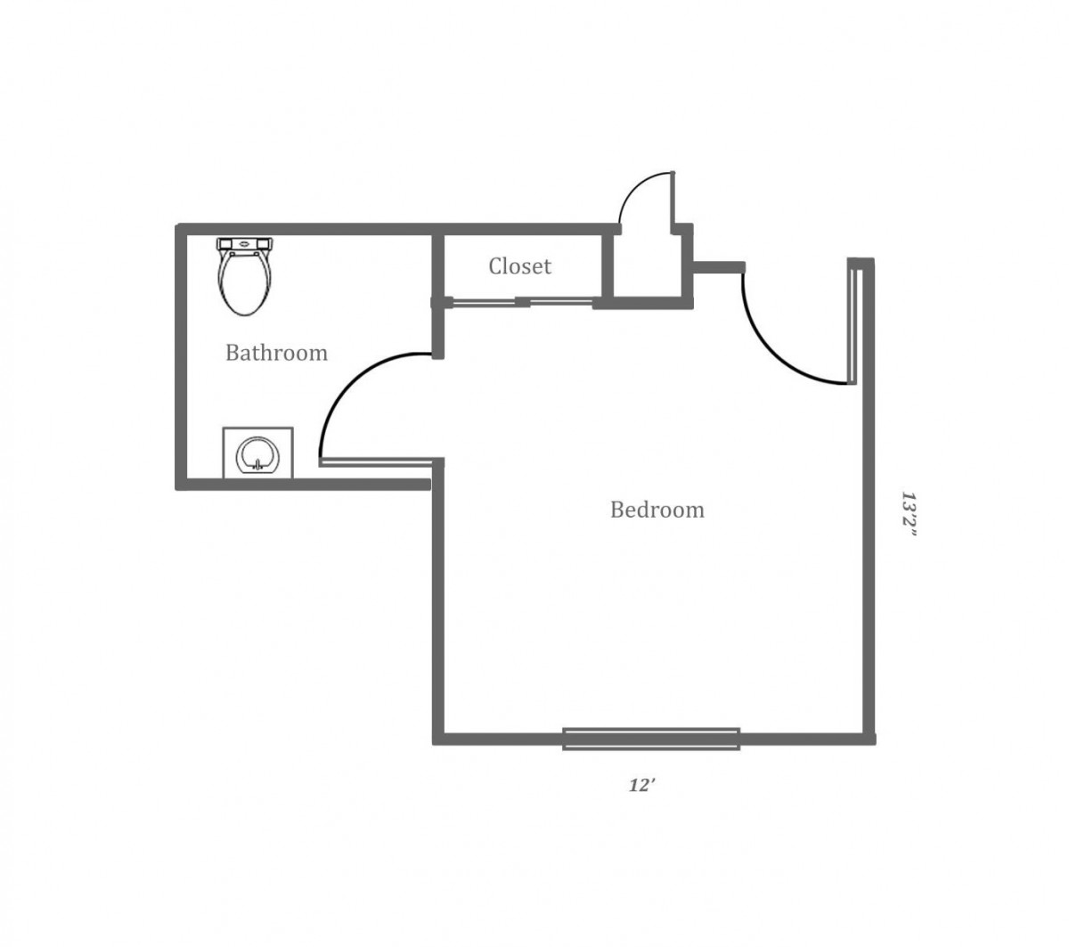 Blueprint of a small apartment featuring a bedroom, bathroom, and closet.