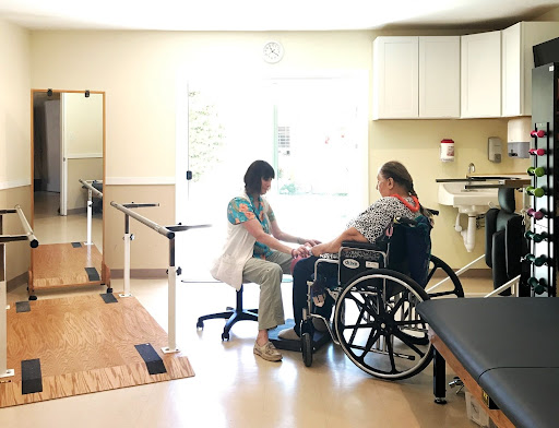 A healthcare professional assists a patient in a wheelchair during a rehabilitation session.