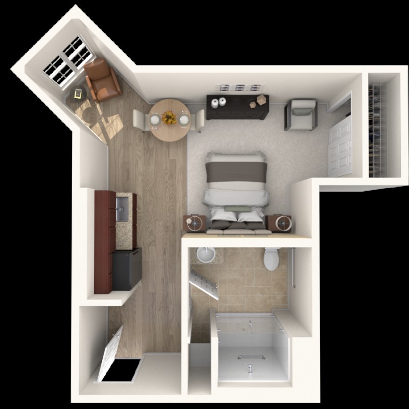 A top-down view of a compact studio apartment floor plan, showcasing an efficient use of space with a bedroom, kitchen, and small dining area.