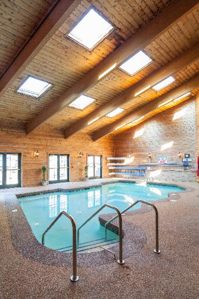 A cozy indoor swimming pool with wooden ceilings and skylights.
