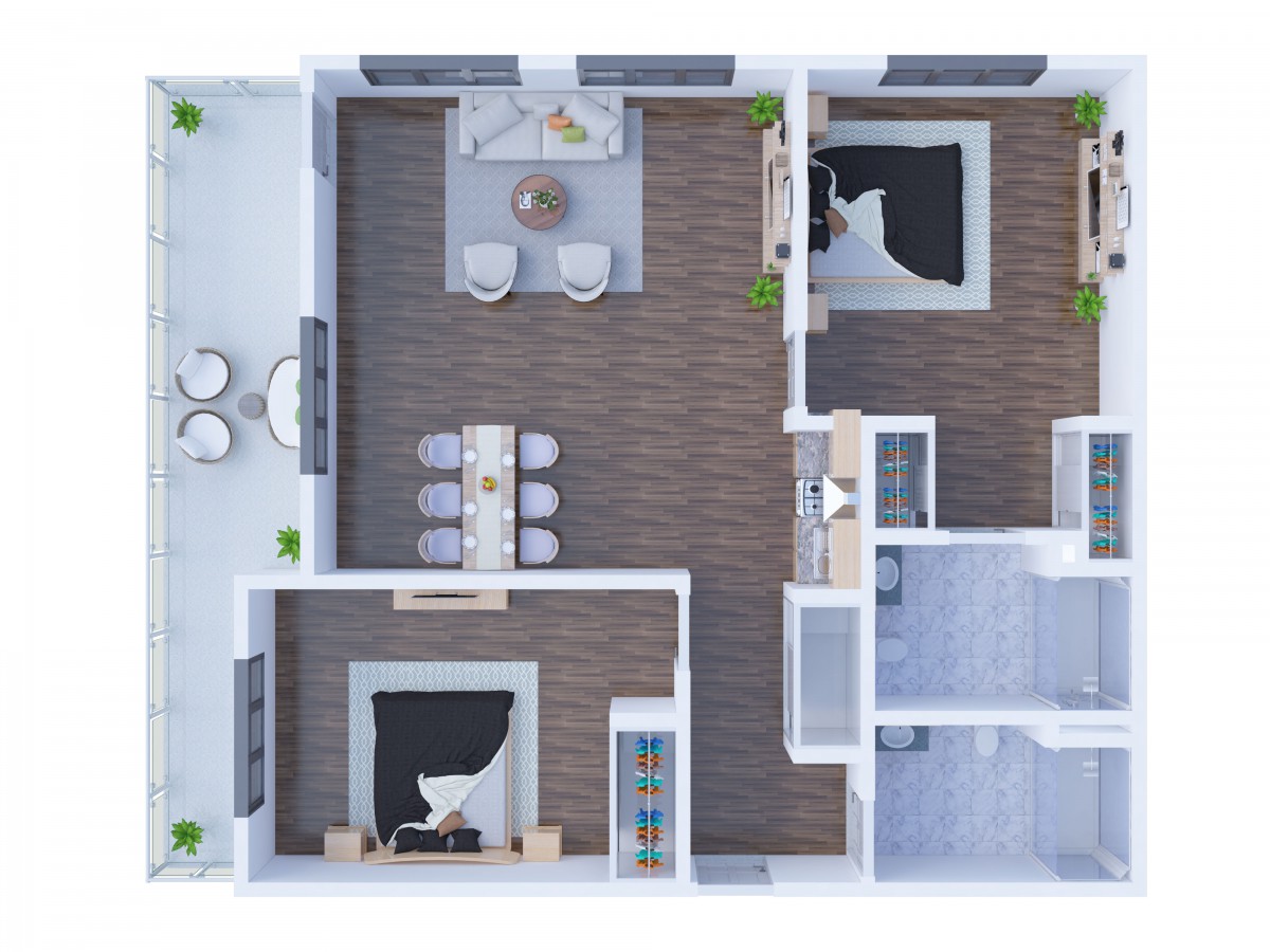 A modern apartment floor plan showcasing a spacious layout with two bedrooms, a living room, dining area, kitchen, bathroom, and balcony.