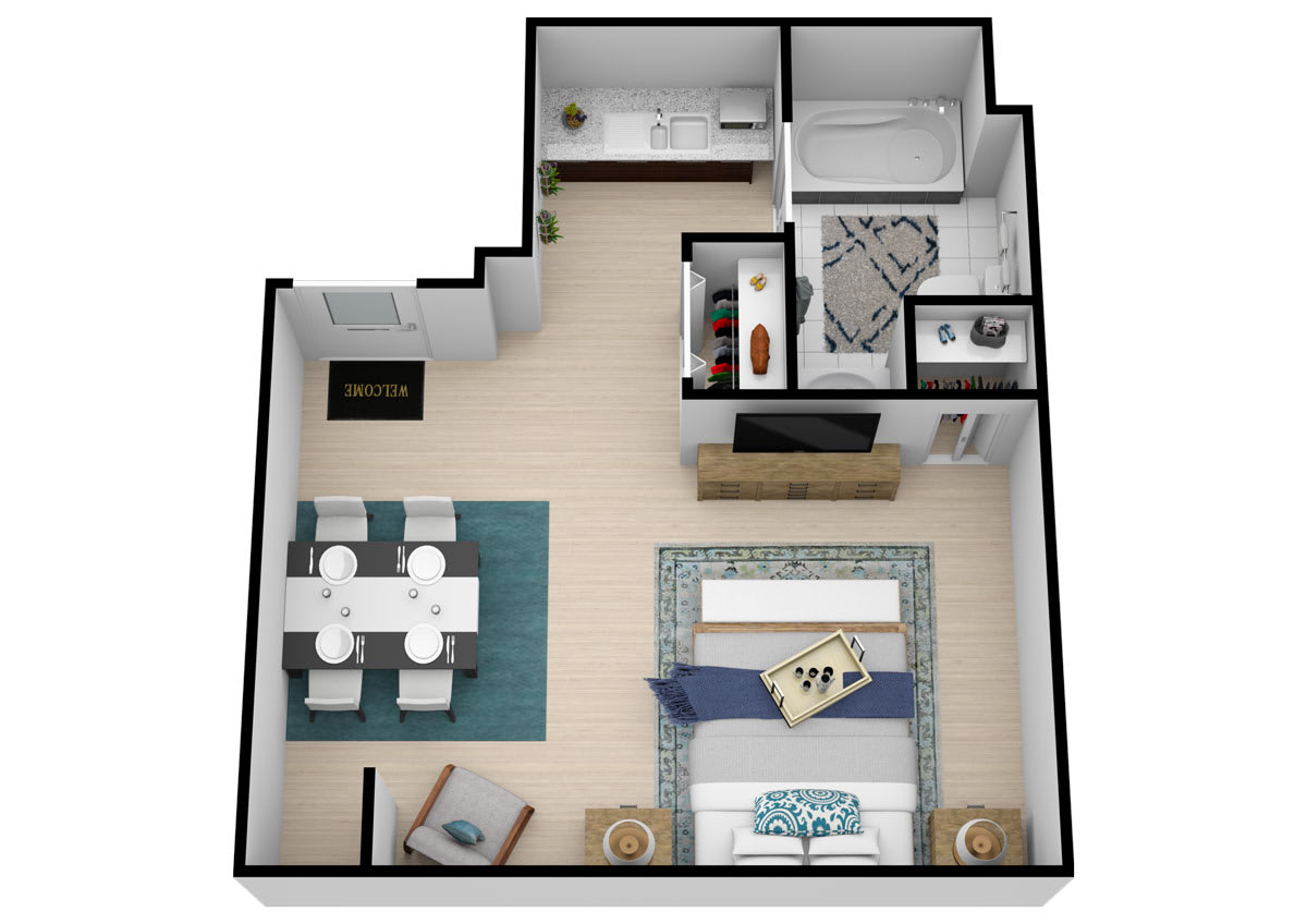A modern studio apartment floor plan showcasing an open living area with a combined bedroom and dining space.