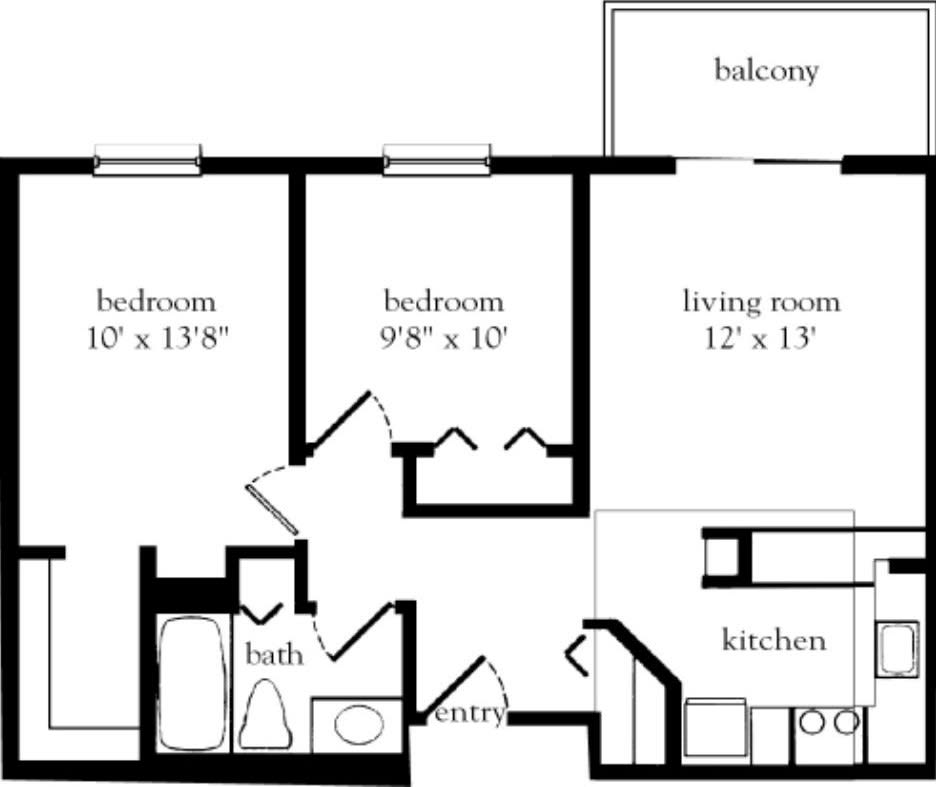 A floor plan of a two-bedroom apartment with a living room, kitchen, bathroom, and balcony.