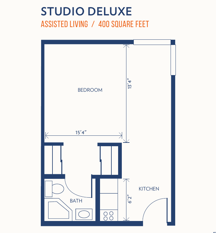 A floor plan of a studio deluxe apartment with an area of 480 square feet.