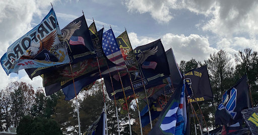 A collection of flags waving in the breeze under a cloudy sky.