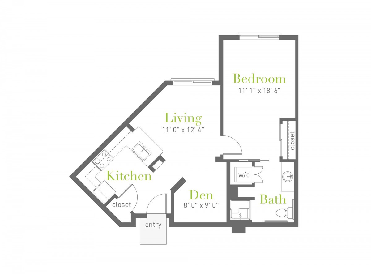 A floor plan of an apartment showing areas for kitchen, living, bedroom, bathroom, and den.