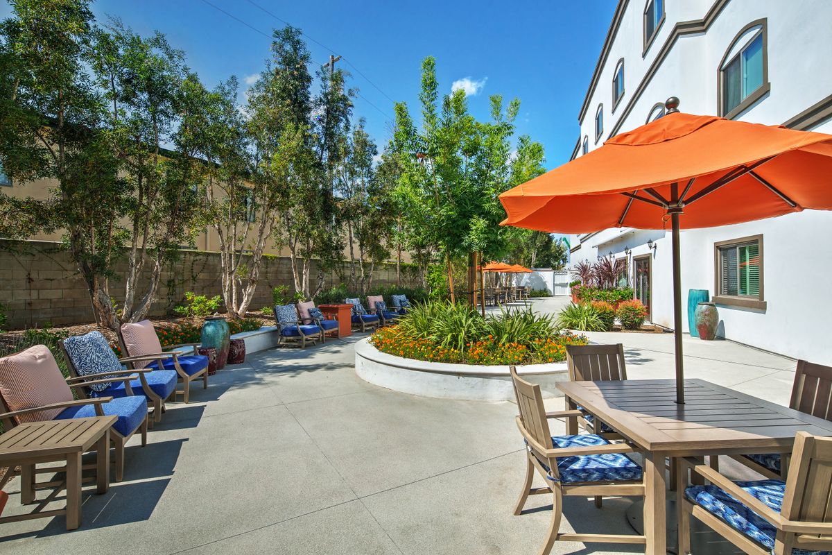 A sunny outdoor patio area with chairs, tables, and umbrellas surrounded by trees.
