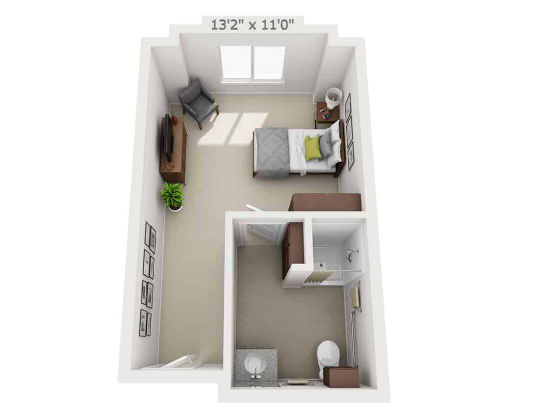 A 3D floor plan of a compact studio apartment featuring a bedroom, small living area, and bathroom.