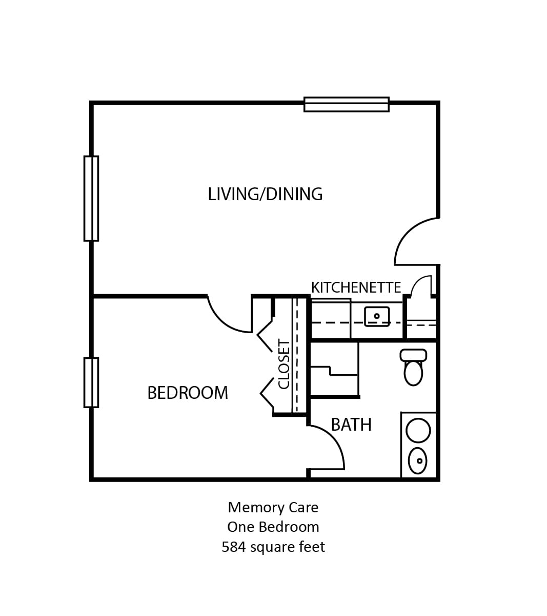 Floor plan of a 586 square foot one-bedroom apartment.