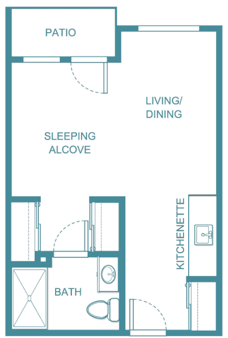 Floor plan of a studio apartment with a sleeping alcove, living/dining area, kitchenette, and bathroom.