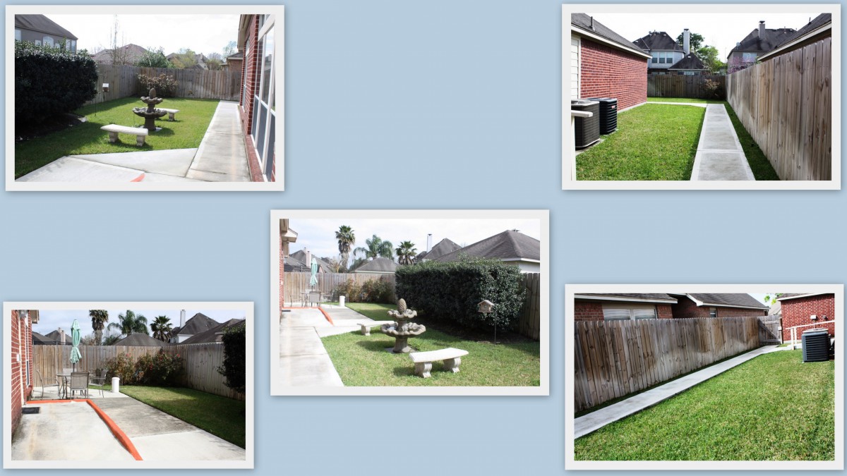 Collage of a backyard with green lawn, fences, and outdoor seating area.