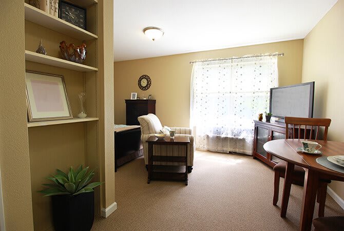 A cozy living room with an armchair, television, and bookshelf near a large window.