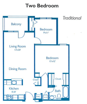 Traditional two-bedroom apartment floor plan with a balcony, living room, dining area, and kitchen.
