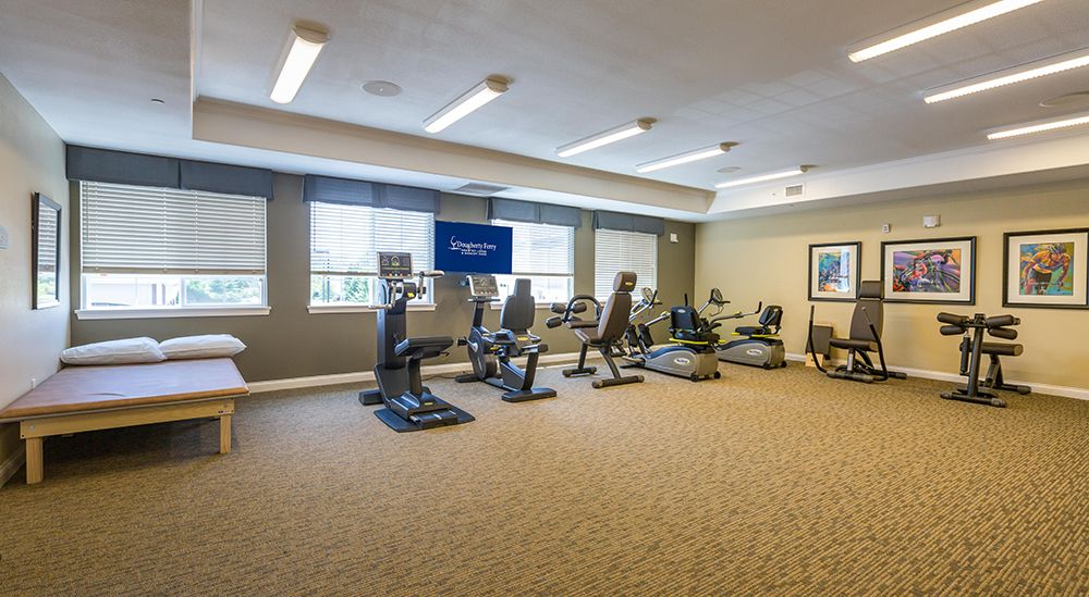 A well-equipped gym with multiple exercise machines and natural lighting.