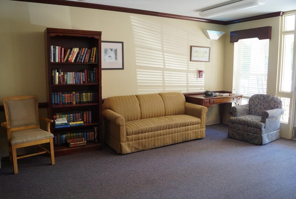 A cozy living room with a couch, bookshelf, chair, and desk near the window.