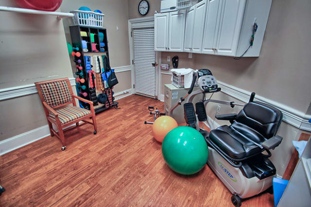 A therapy room equipped with exercise balls, a shelf of equipment, and seating, designed for rehabilitation and physical therapy.