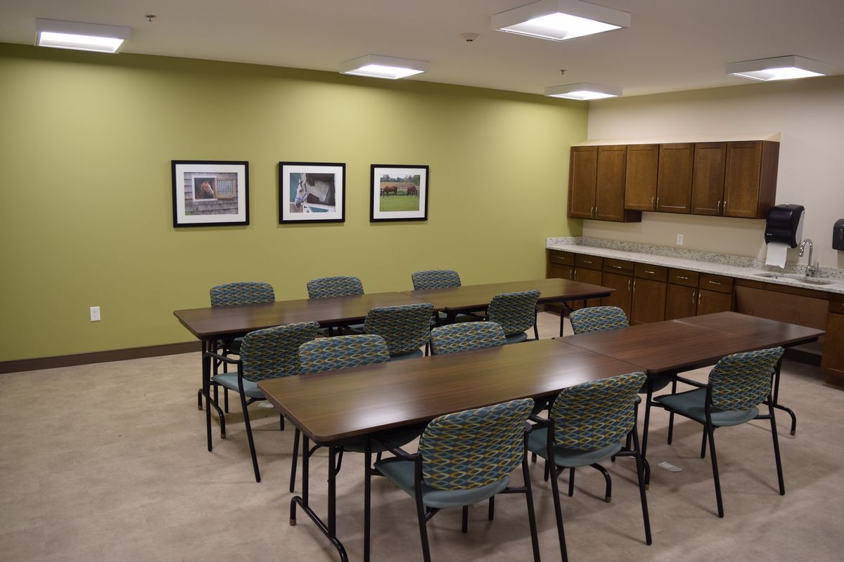 A modern conference room with a large meeting table, chairs, and framed pictures on a green wall.