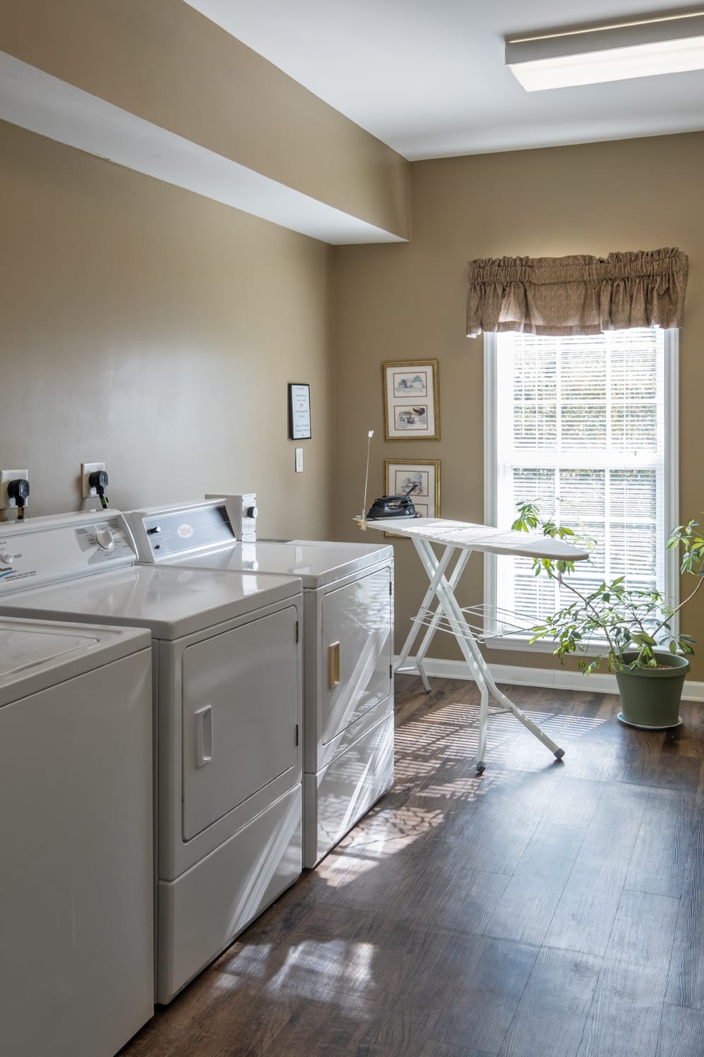 A well-lit laundry room with a washing machine, dryer, ironing board, and a potted plant by the window.