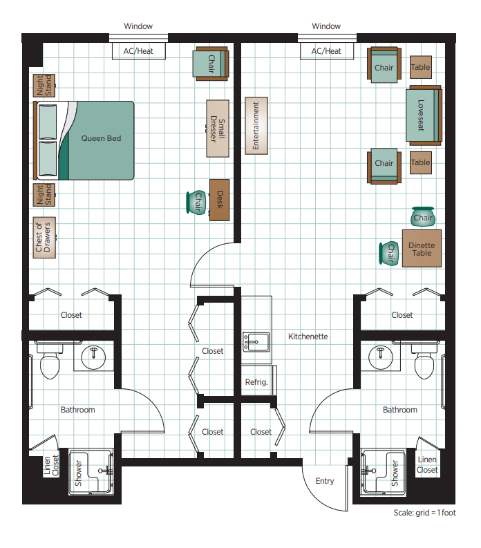 A detailed floor plan of a two-bedroom apartment with separate bathrooms and living areas.