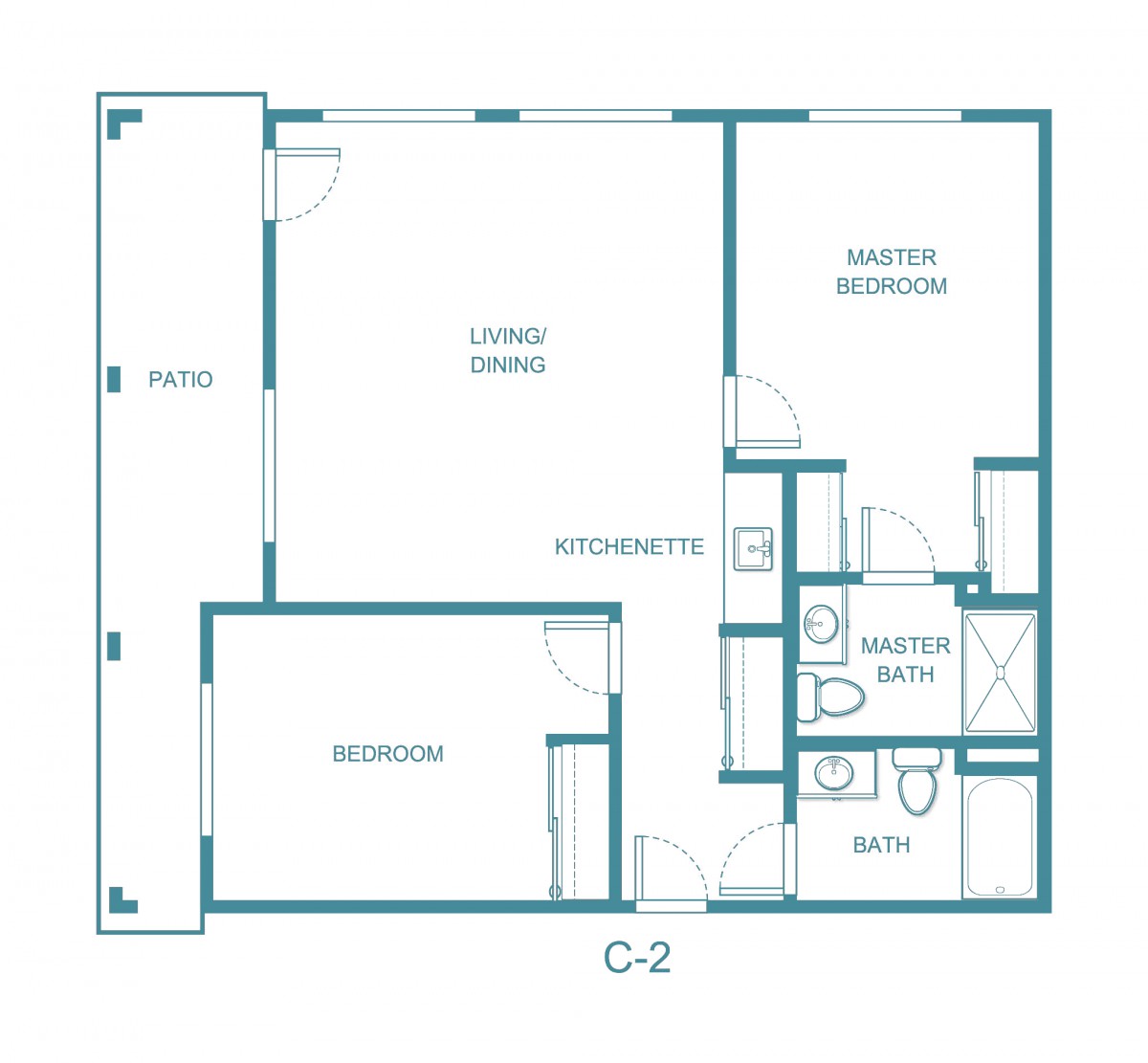 A floor plan of an apartment showing two bedrooms, a living/dining area, and two bathrooms.