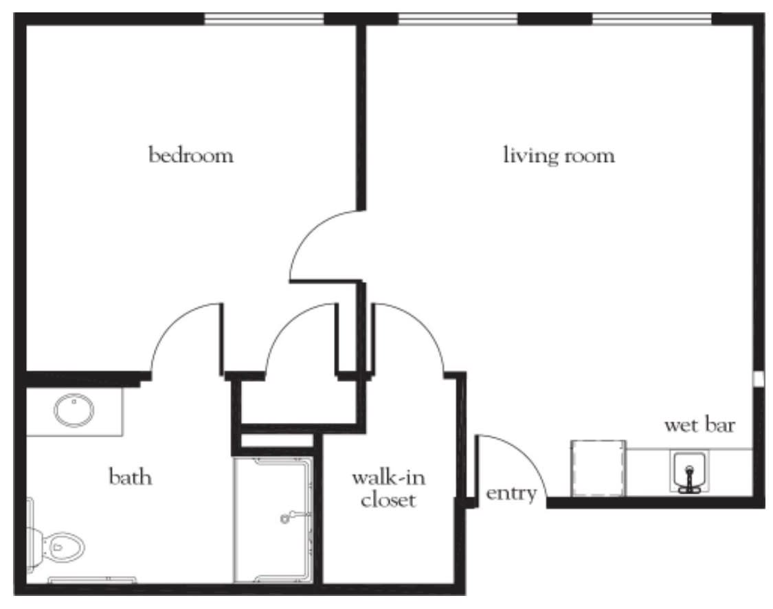 A simple floor plan layout of an apartment showing a bedroom, living room, bathroom, walk-in closet, entryway, and kitchen area.