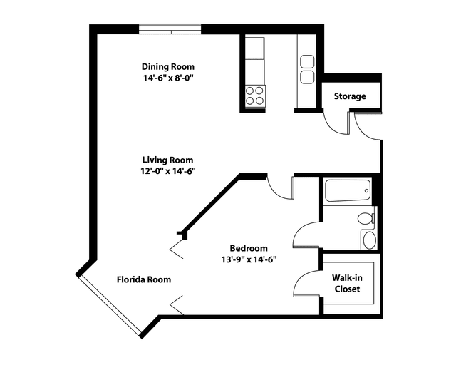 A simple floor plan of a one-bedroom apartment featuring a dining room, living room, Florida room, kitchen, bathroom, and walk-in closet.