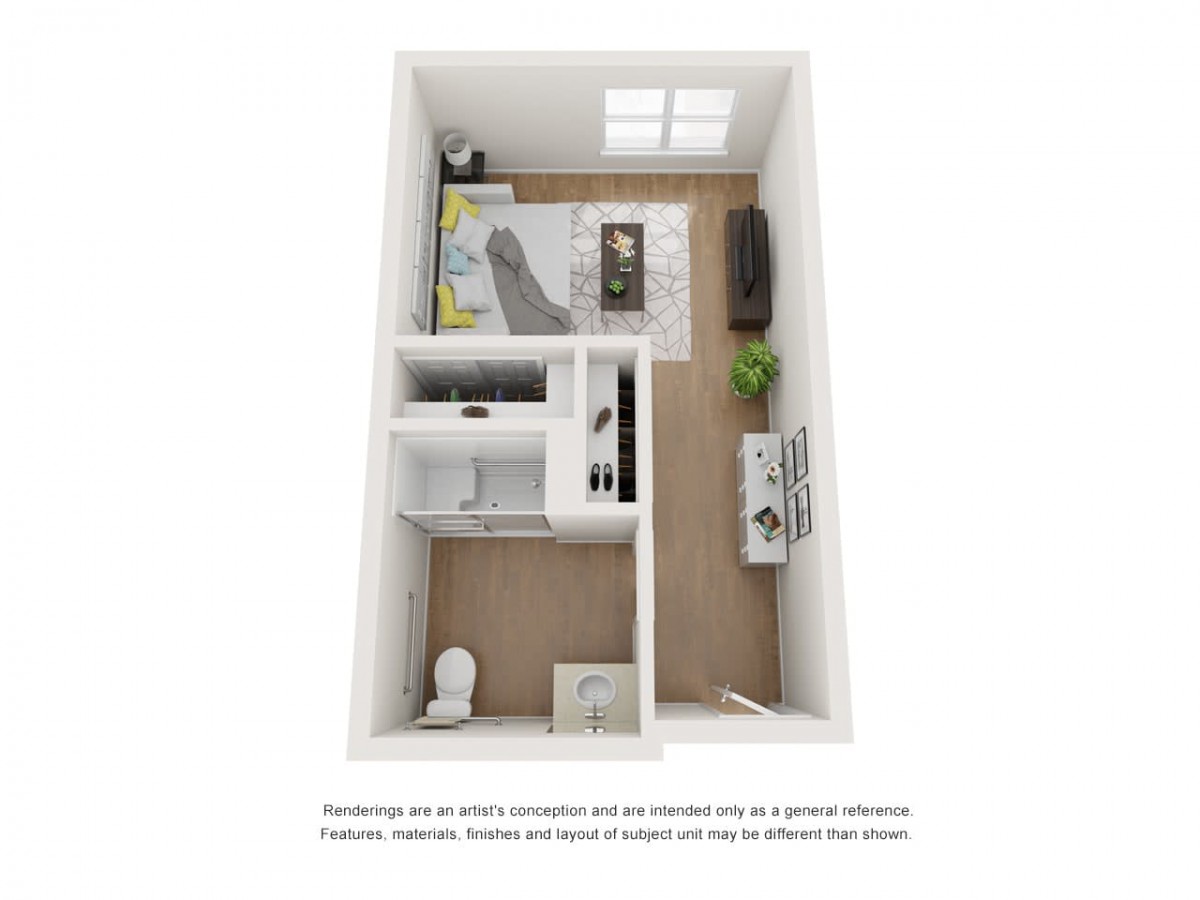 3D rendering of a studio apartment layout showcasing efficient use of space and modern interior design.