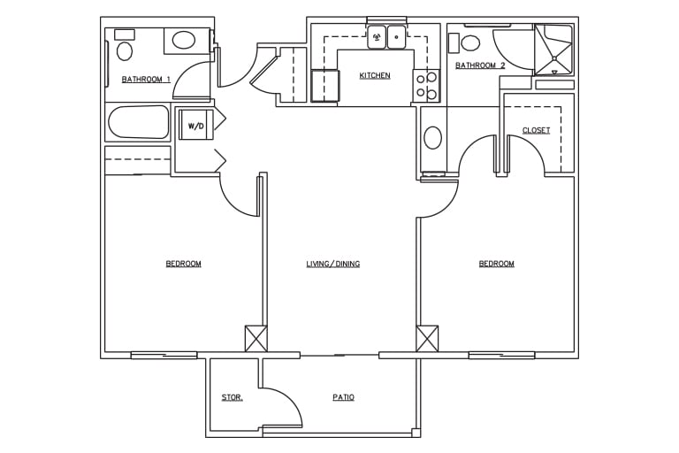A detailed floor plan of an apartment showing two bedrooms, a living room, kitchen, and bathrooms.