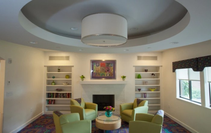 A modern living room featuring a circular seating arrangement around a central table, with a fireplace and built-in shelves on the wall.