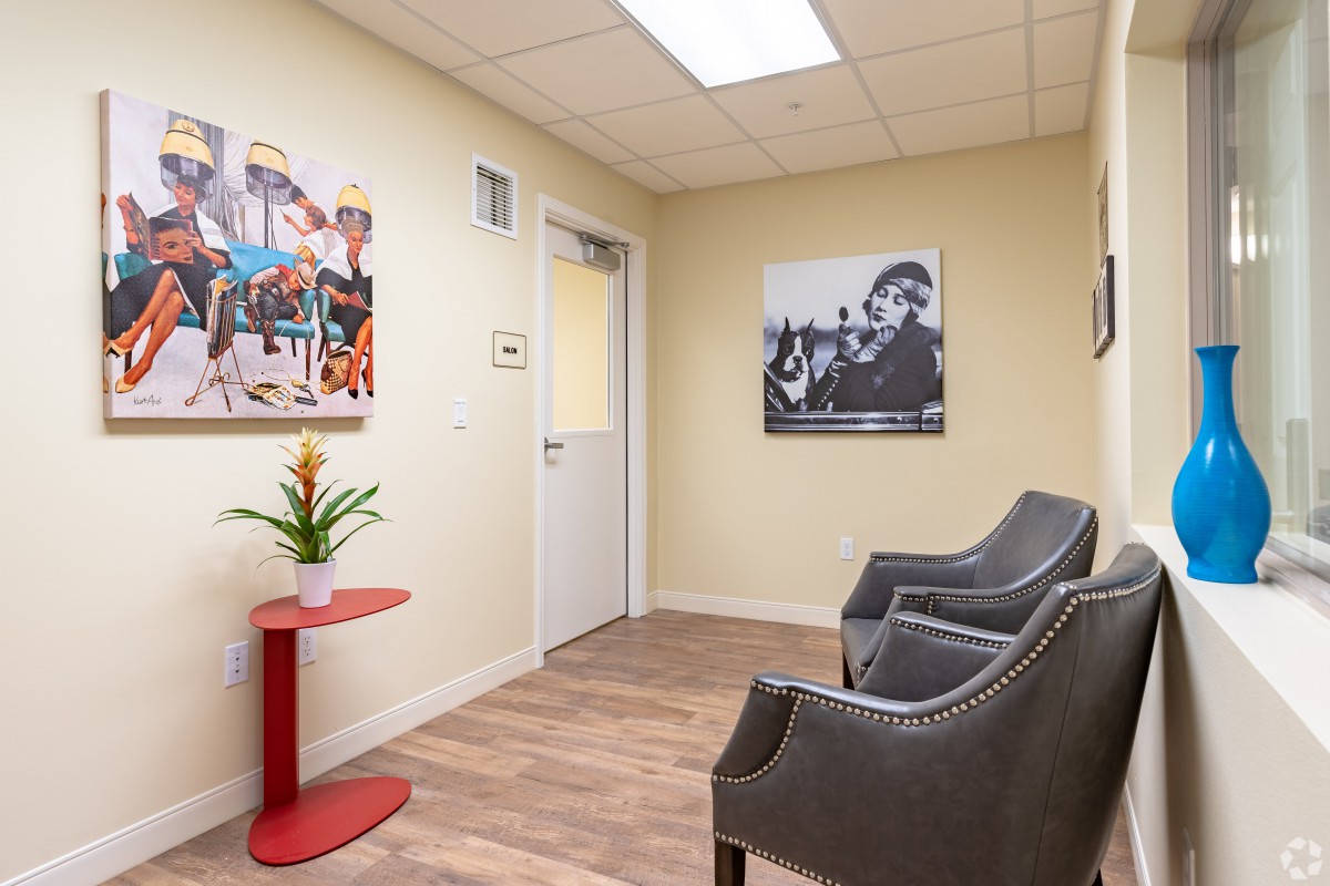 A modern waiting room with stylish chairs, artwork on the walls, and a small plant on a red table.