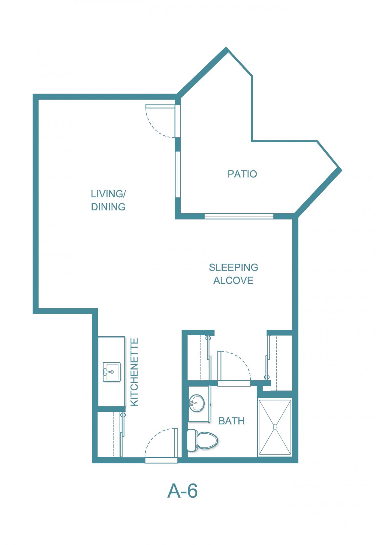 Floor plan of a one-bedroom apartment with patio.
